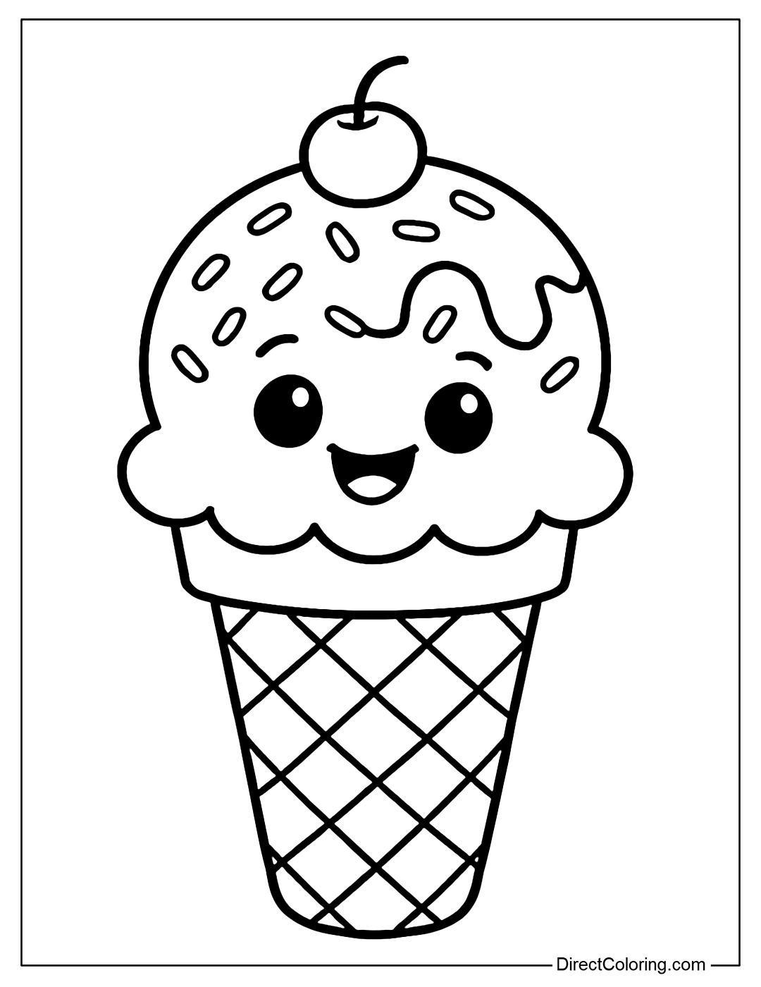 A smiling ice cream cone coloring page with colored sprinkles and toppings.